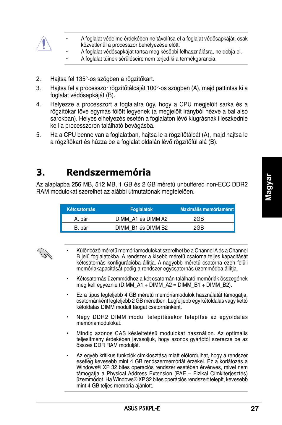 Rendszermemória, Magyar | Asus P5KPL-E User Manual | Page 27 / 38