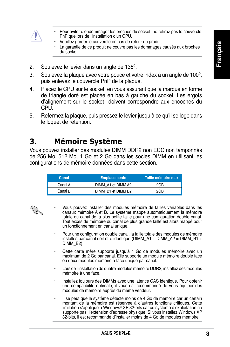 Mémoire système, Français | Asus P5KPL-E User Manual | Page 3 / 38