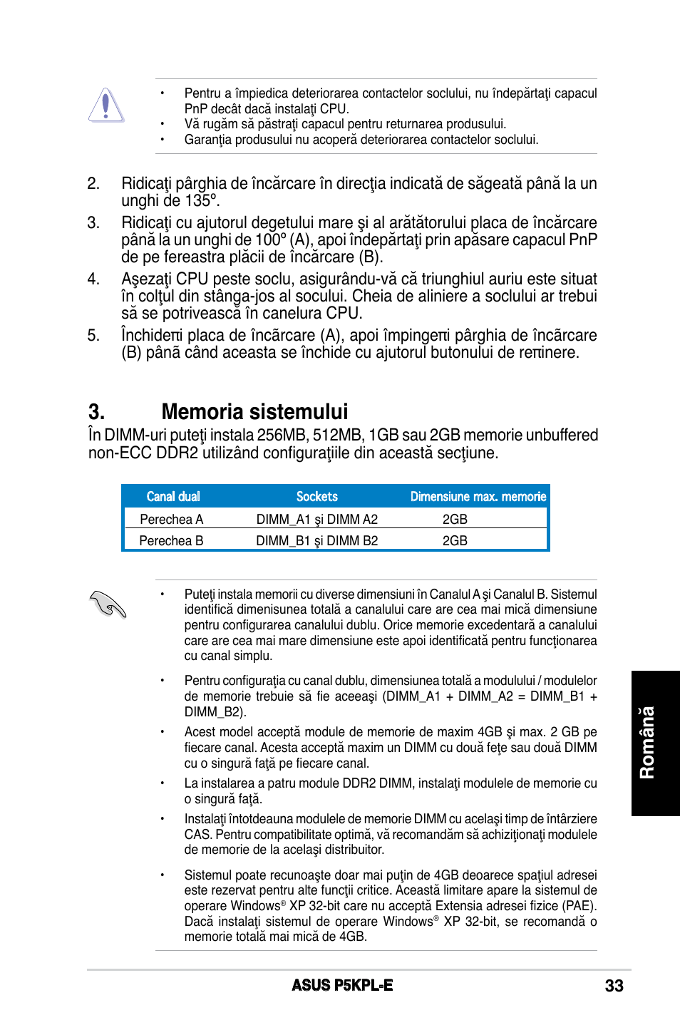 Română | Asus P5KPL-E User Manual | Page 33 / 38