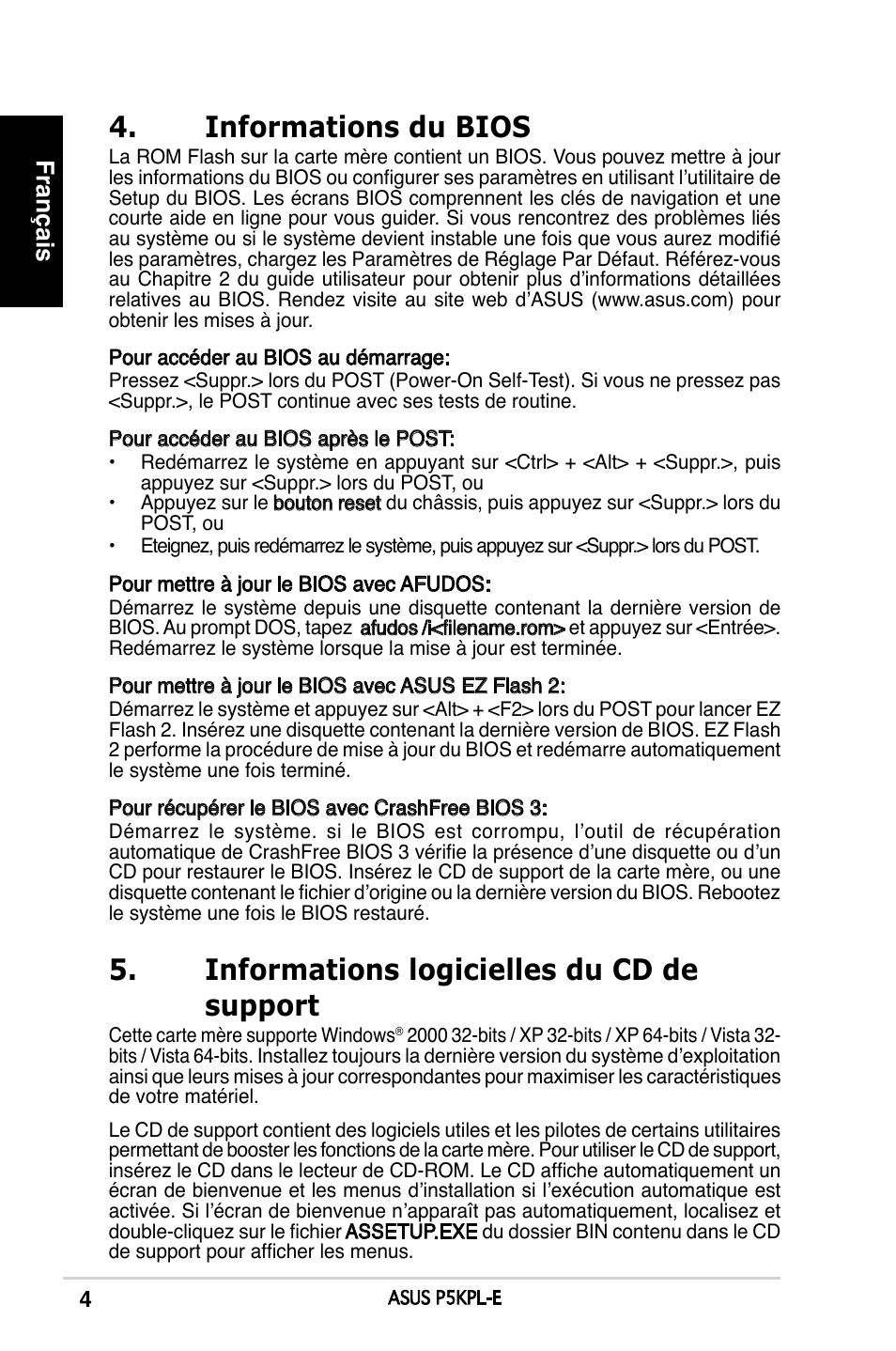 Informations du bios, Informations logicielles du cd de support, Français | Asus P5KPL-E User Manual | Page 4 / 38