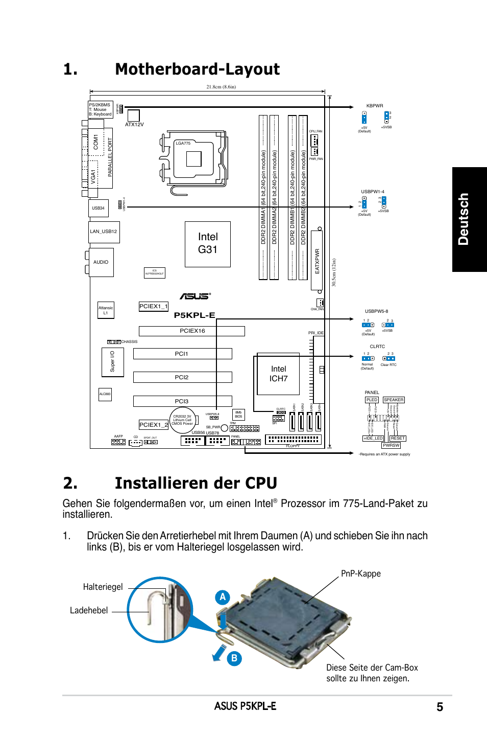 Installieren der cpu, Motherboard-layout, Deutsch | Gehen sie folgendermaßen vor, um einen intel, Intel g31, Asus p5kpl-e, Intel ich7, Pkpl-e | Asus P5KPL-E User Manual | Page 5 / 38