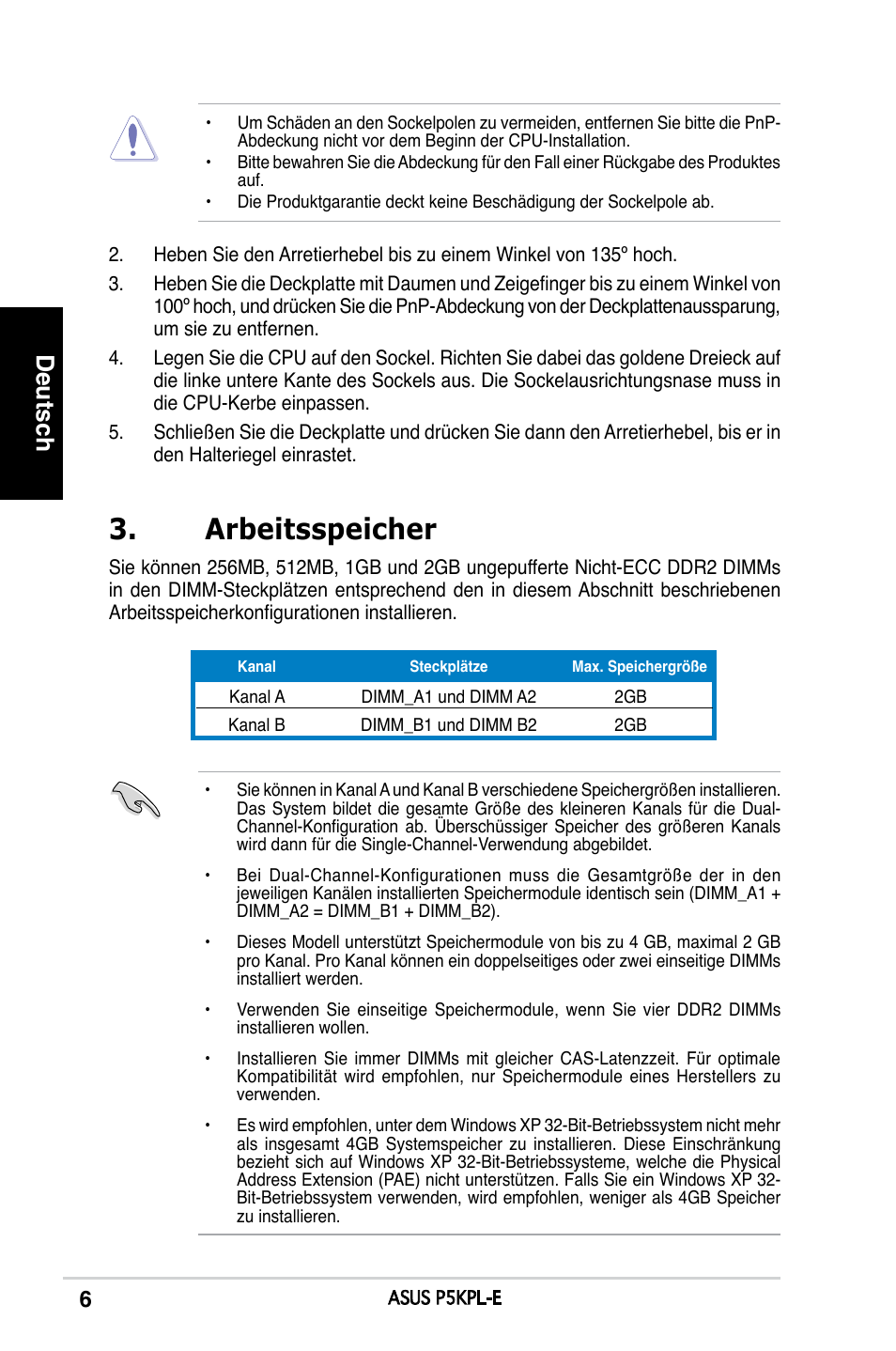 Arbeitsspeicher, Deutsch | Asus P5KPL-E User Manual | Page 6 / 38