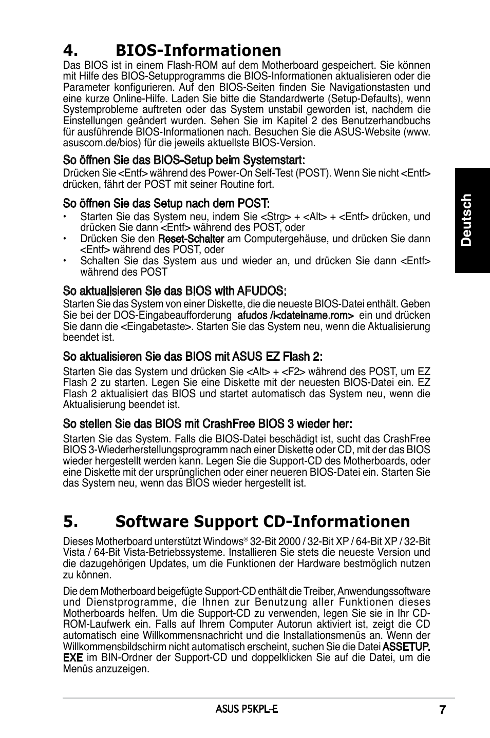 Bios-informationen, Software support cd-informationen, Deutsch | Asus P5KPL-E User Manual | Page 7 / 38