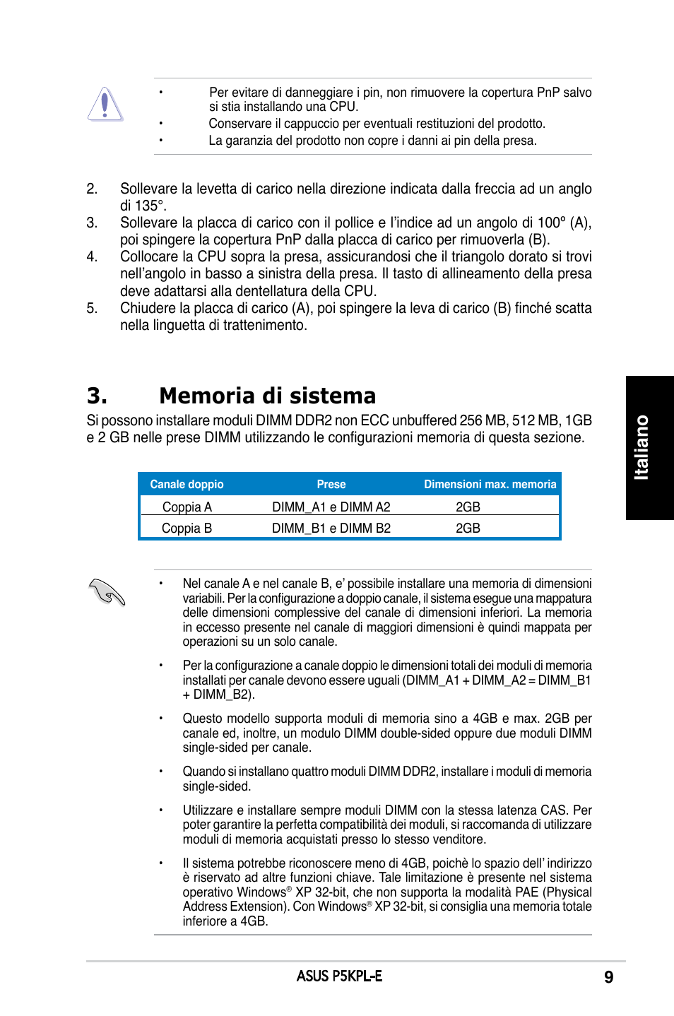 Italiano | Asus P5KPL-E User Manual | Page 9 / 38