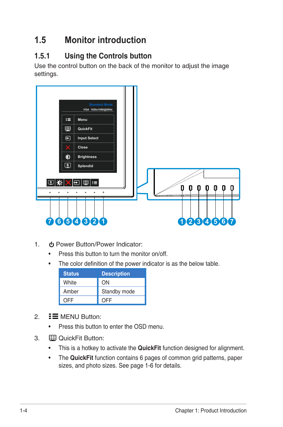 5 monitor introduction, 1 using the controls button, Monitor introduction -4 | Using the controls button -4 | Asus VN289H User Manual | Page 10 / 25