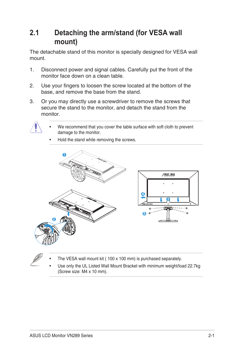 1 detaching the arm/stand (for vesa wall mount), Detaching the arm/stand (for vesa wall mount) -1 | Asus VN289H User Manual | Page 13 / 25