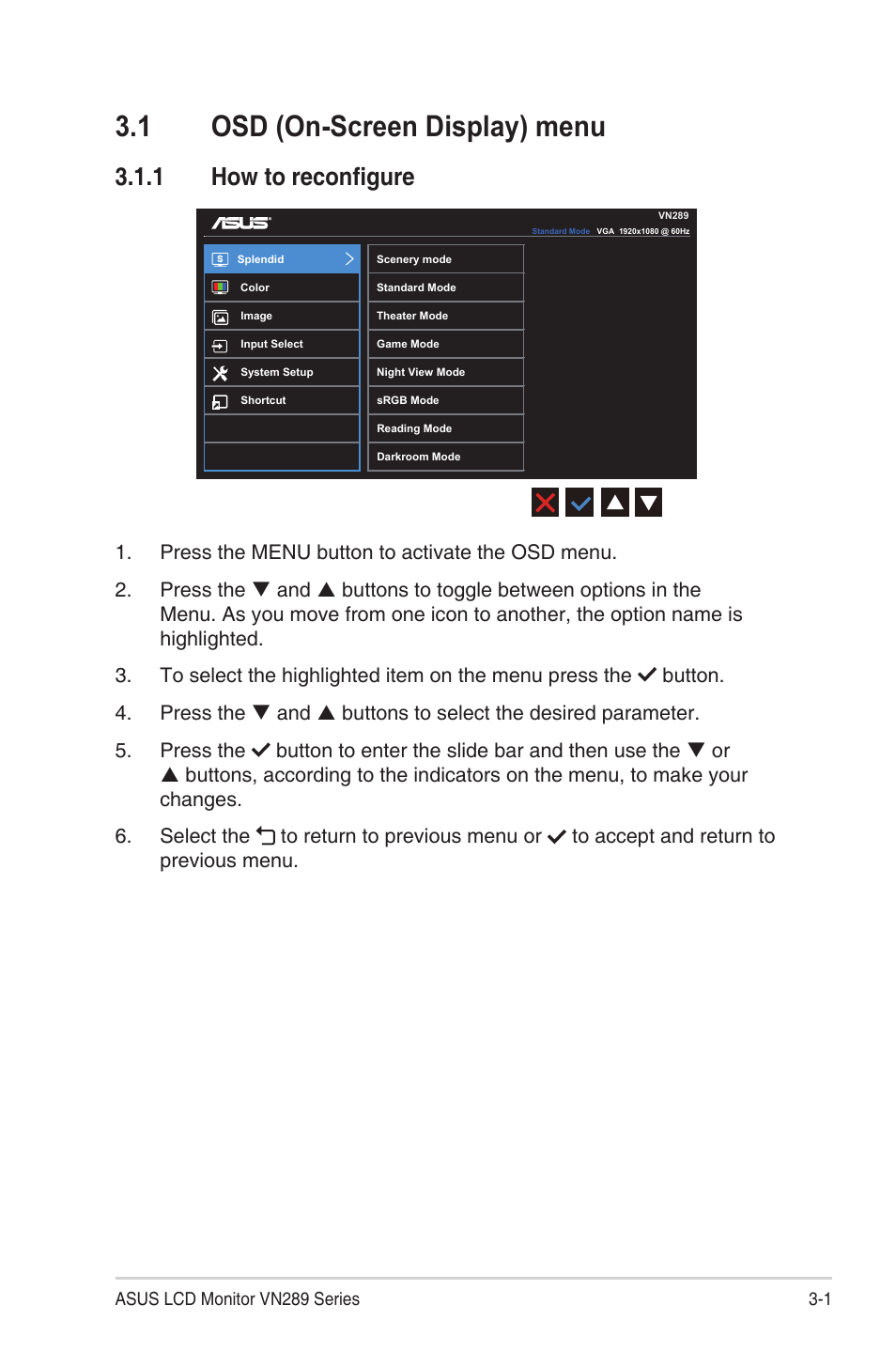 1 osd (on-screen display) menu, 1 how to reconfigure, Osd (on-screen display) menu -1 | How to reconfigure -1, 1 asus lcd monitor vn289 series | Asus VN289H User Manual | Page 15 / 25