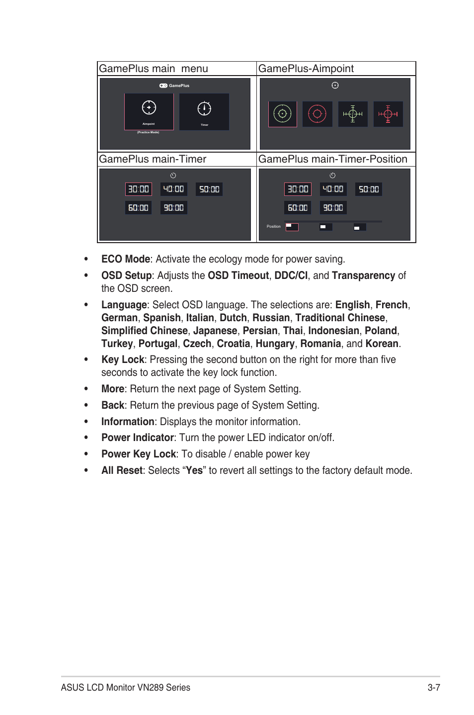 Gameplus main menu gameplus-aimpoint, Gameplus main-timer gameplus main-timer-position | Asus VN289H User Manual | Page 21 / 25