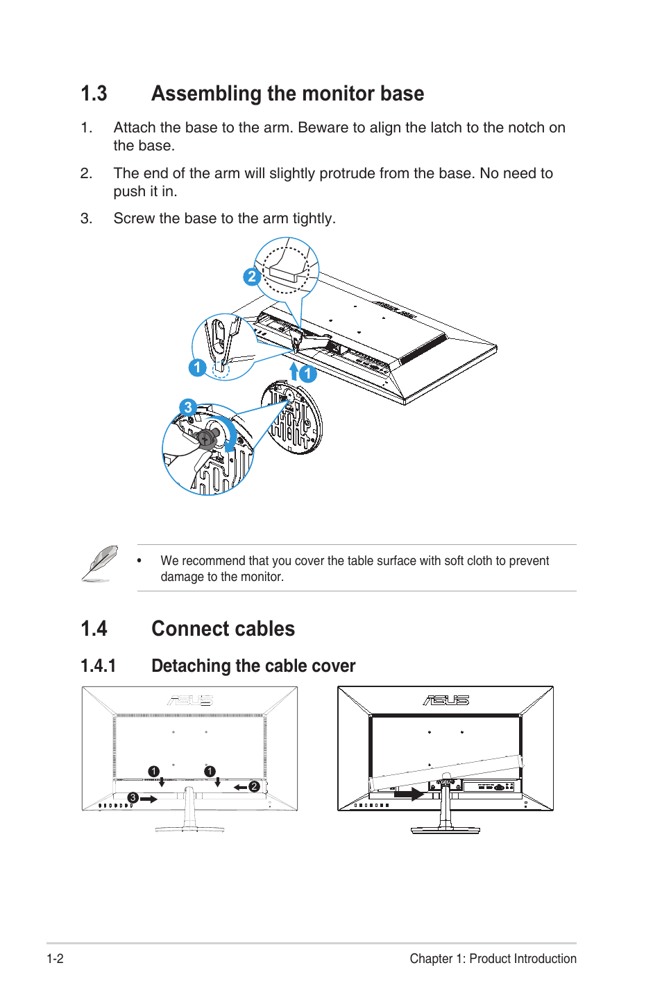 3 assembling the monitor base, 4 connect cables, 1 detaching the cable cover | Assembling the monitor base -2, Connect cables -2, Detaching the cable cover -2 | Asus VN289H User Manual | Page 8 / 25