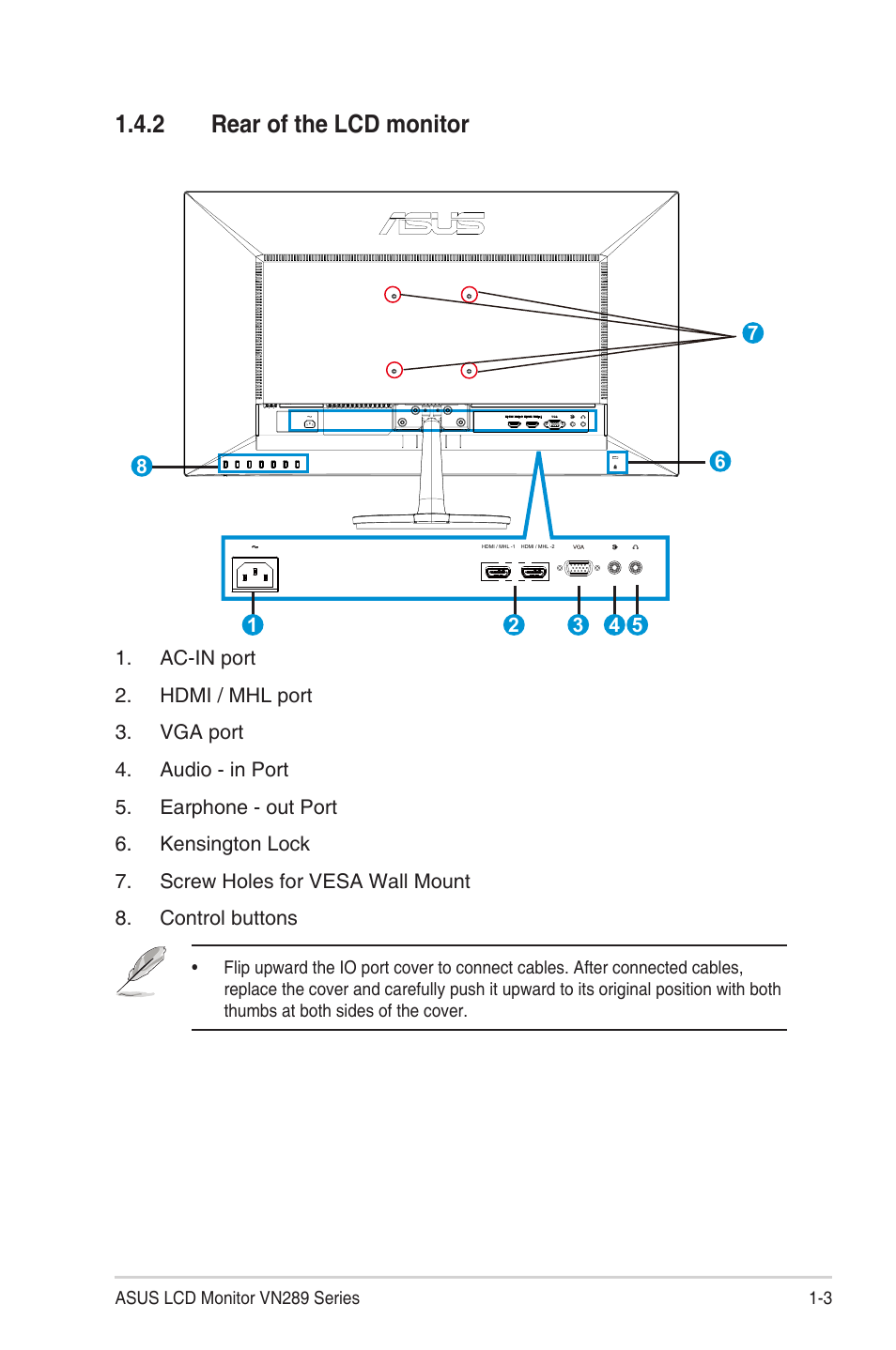 2 rear of the lcd monitor, Rear of the lcd monitor -3 | Asus VN289H User Manual | Page 9 / 25