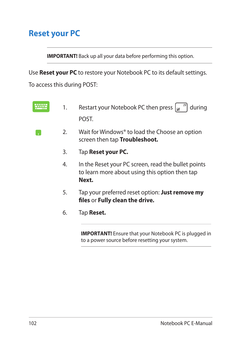 Reset your pc | Asus BU401LG User Manual | Page 102 / 132