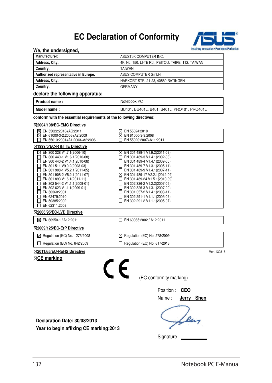 Ec declaration of conformity | Asus BU401LG User Manual | Page 132 / 132