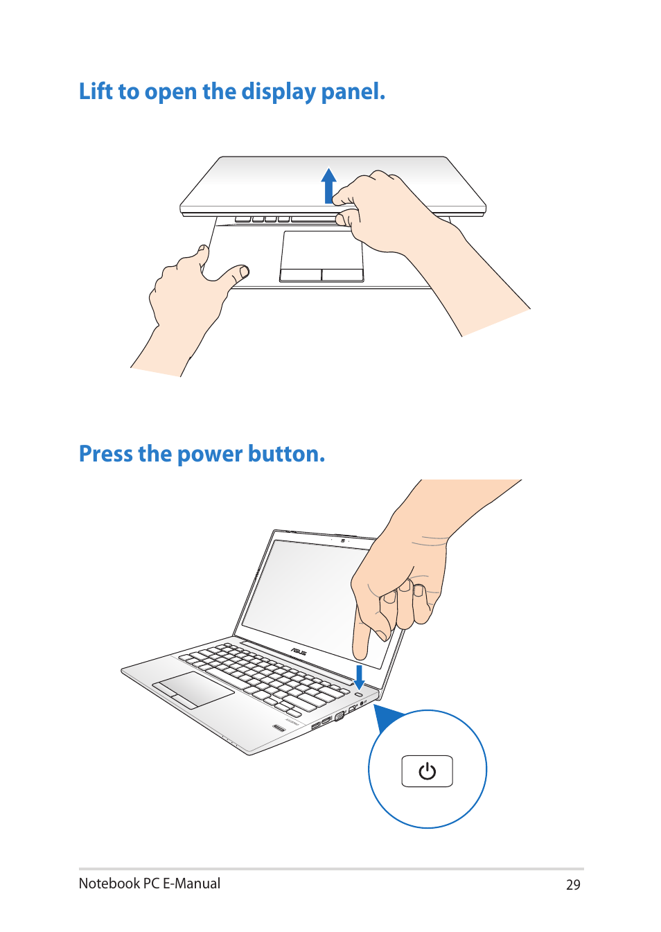 Lift to open the display panel, Press the power button | Asus BU401LG User Manual | Page 29 / 132