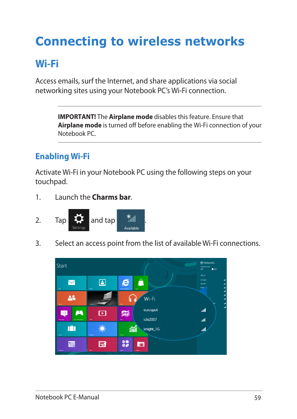 Connecting to wireless networks, Wi-fi | Asus BU401LG User Manual | Page 59 / 132