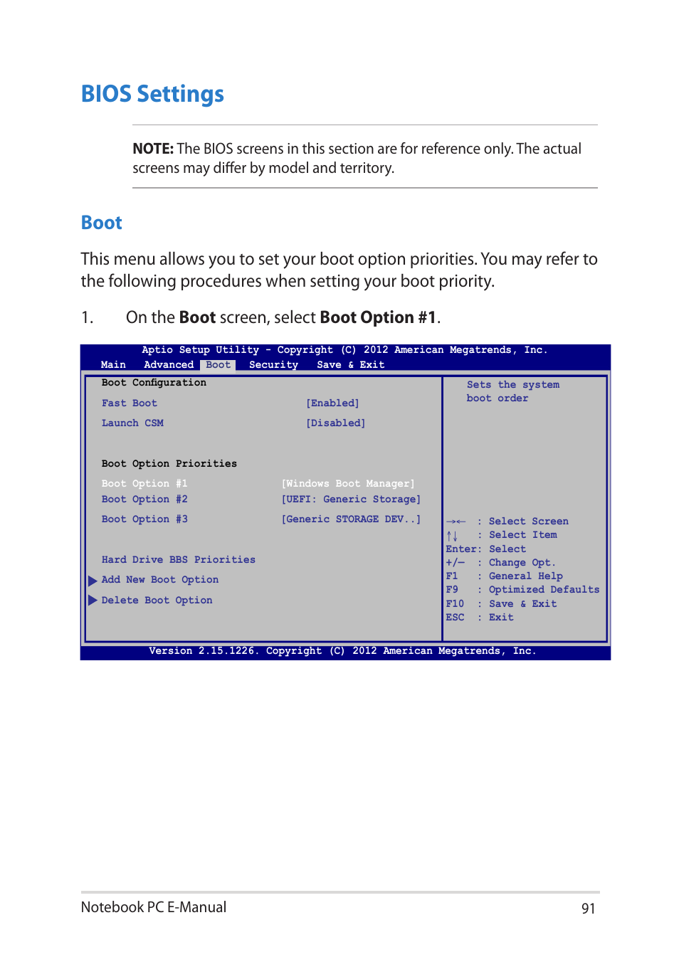 Bios settings, Boot | Asus BU401LG User Manual | Page 91 / 132