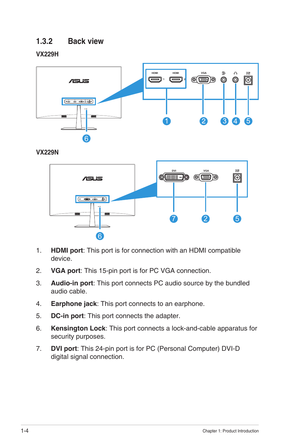 2 back view, Back view -4, Vx229h | Vx229n | Asus VX229N User Manual | Page 11 / 26