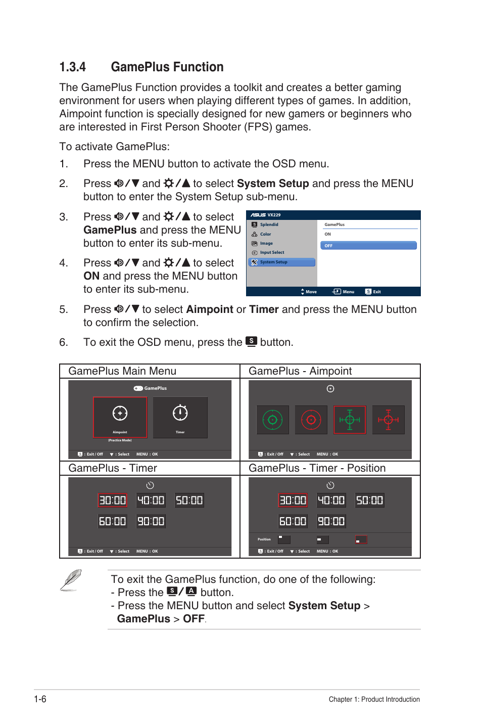 4 gameplus function, Gameplus function -6, Gameplus - timer gameplus - timer - position | Asus VX229N User Manual | Page 13 / 26