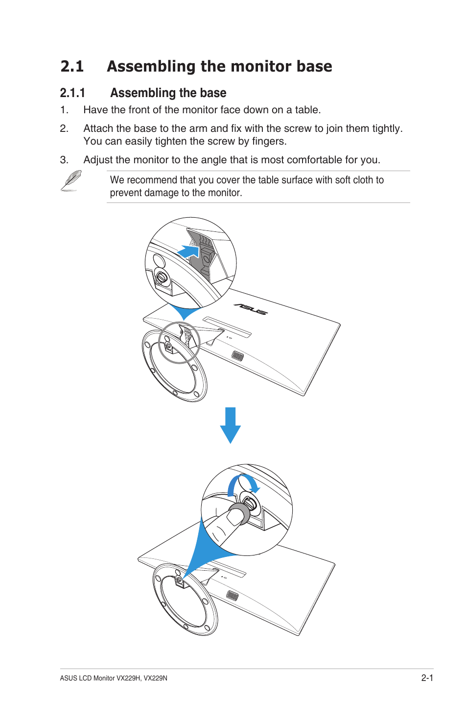 1 assembling the monitor base, 1 assembling the base, Assembling the monitor base -1 2.1.1 | Assembling the base -1 | Asus VX229N User Manual | Page 14 / 26