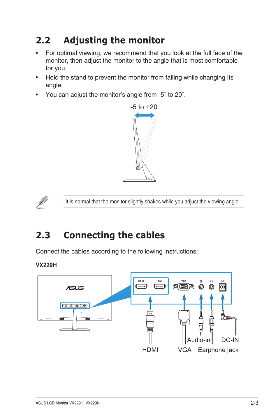 2 adjusting the monitor, 3 connecting the cables, Adjusting the monitor -3 | Connecting the cables -3, 5 to +20 | Asus VX229N User Manual | Page 16 / 26