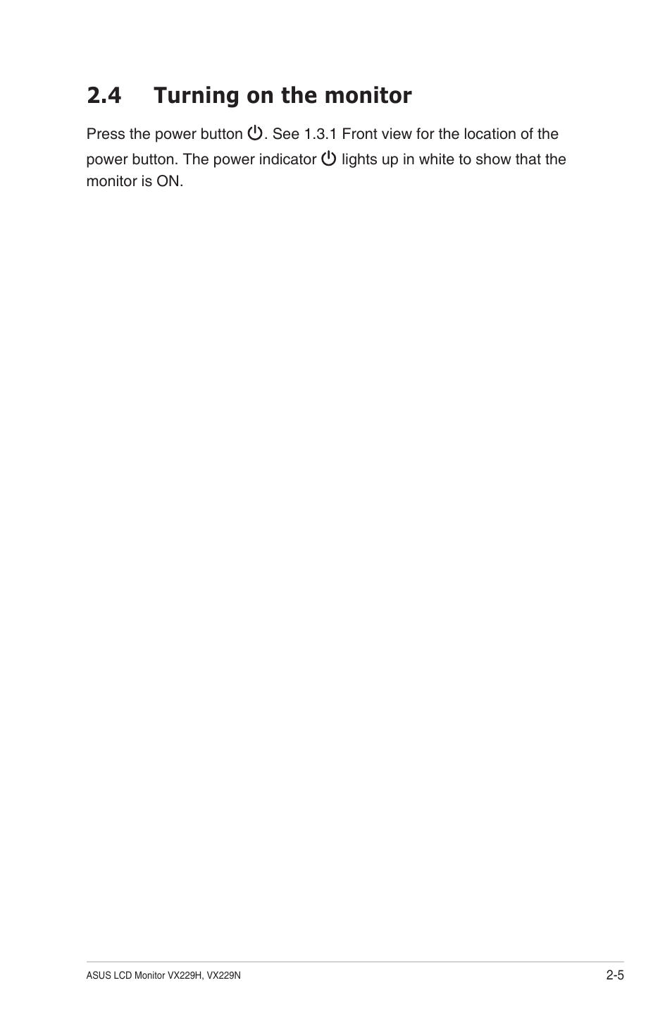 4 turning on the monitor, Turning on the monitor -5 | Asus VX229N User Manual | Page 18 / 26