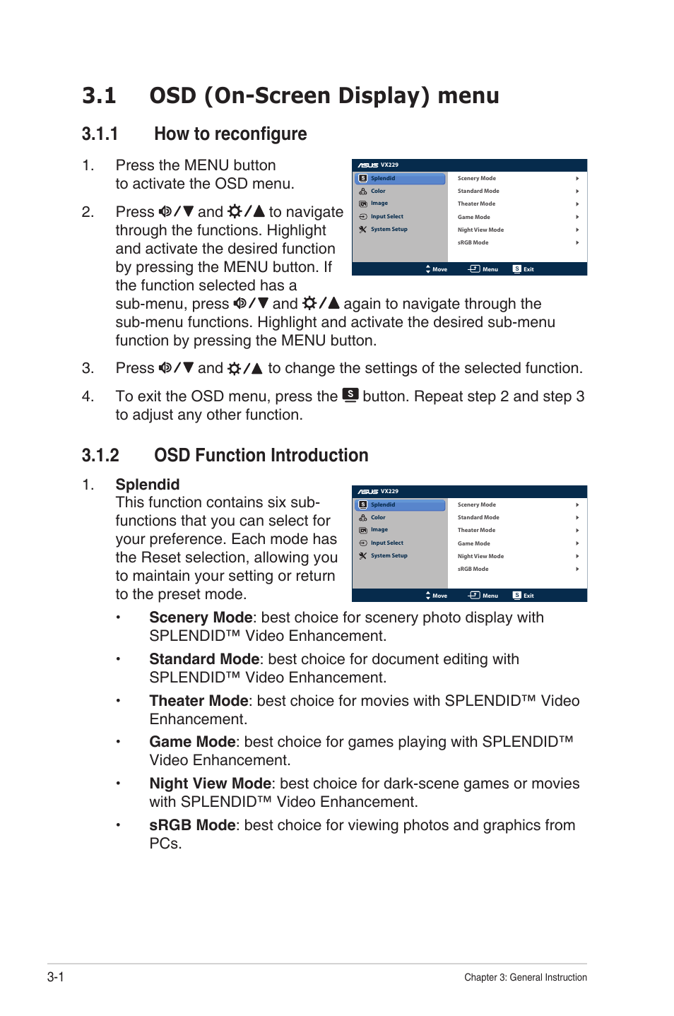 1 osd (on-screen display) menu, 1 how to reconfigure, 2 osd function introduction | Osd (on-screen display) menu -1 3.1.1, How to reconfigure -1, Osd function introduction -1 | Asus VX229N User Manual | Page 19 / 26