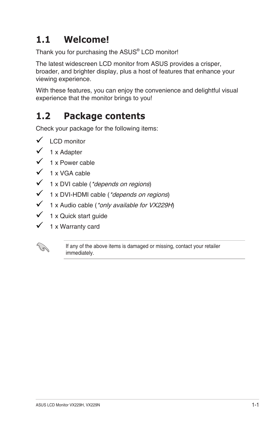 1 welcome, 2 package contents, 1 welcome! -1 1.2 | Package contents -1 | Asus VX229N User Manual | Page 8 / 26