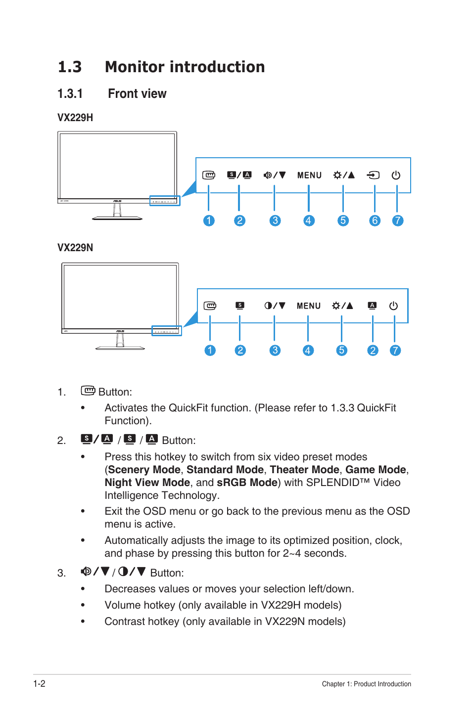 3 monitor introduction, 1 front view, Monitor introduction -2 1.3.1 | Front view -2 | Asus VX229N User Manual | Page 9 / 26