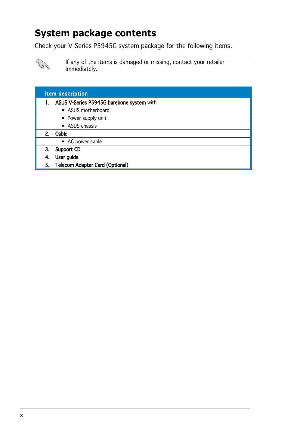 System package contents | Asus V3-P5945G User Manual | Page 10 / 103