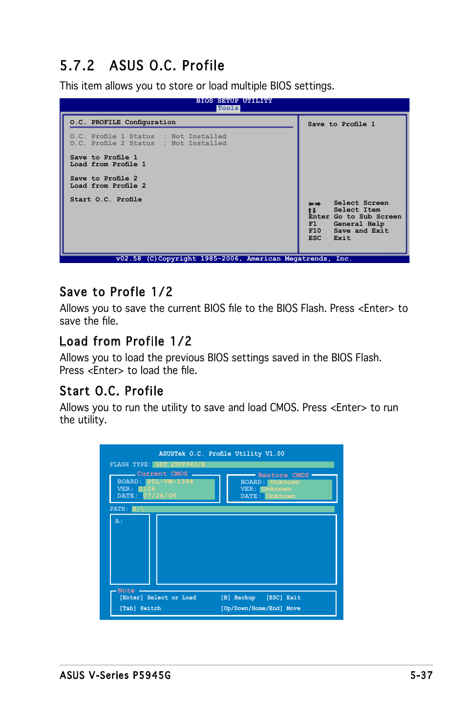 2 asus o.c. profile, Save to profle 1/2, Load from profile 1/2 | Start o.c. profile | Asus V3-P5945G User Manual | Page 100 / 103