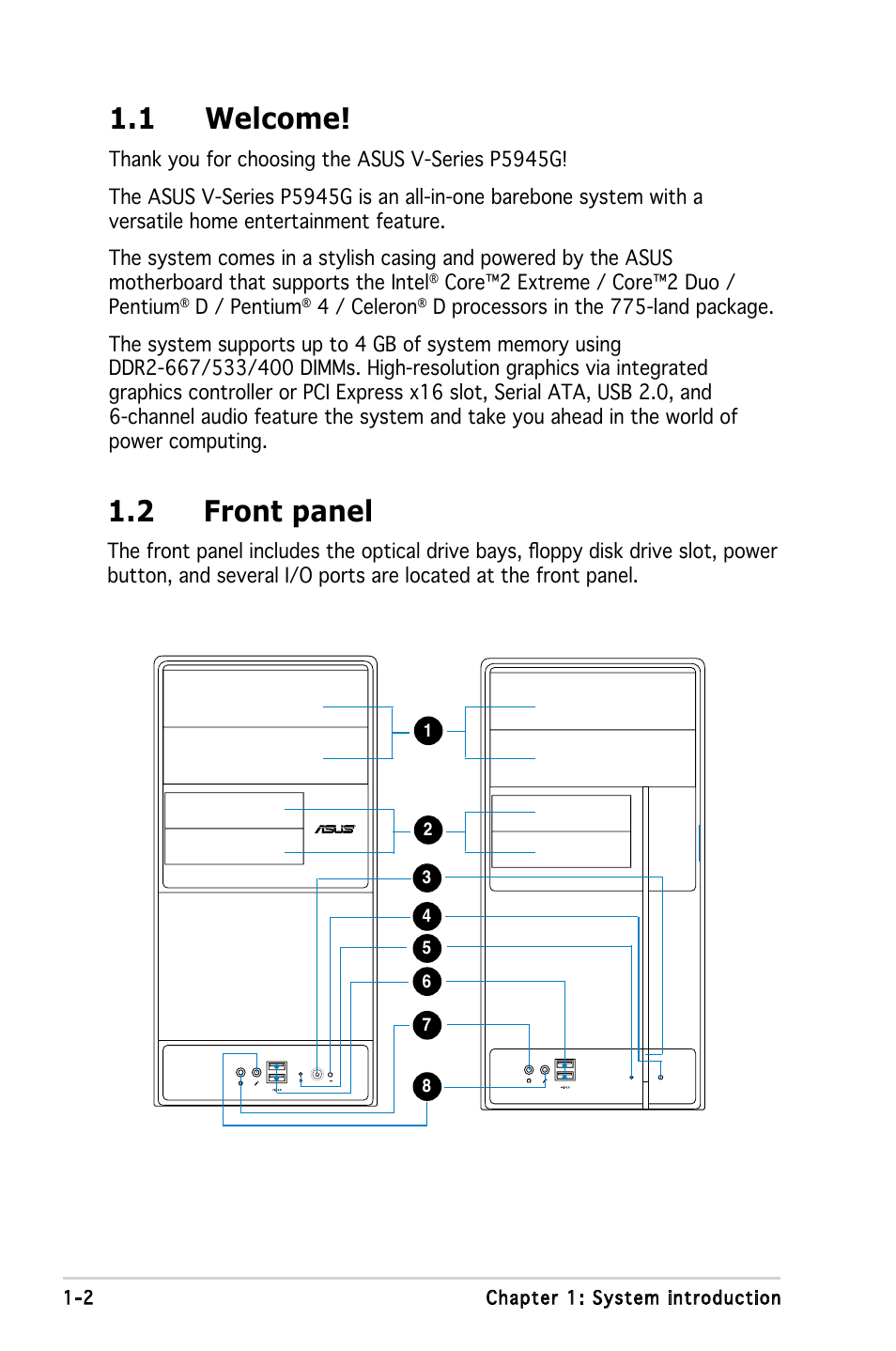 1 welcome, 2 front panel | Asus V3-P5945G User Manual | Page 12 / 103