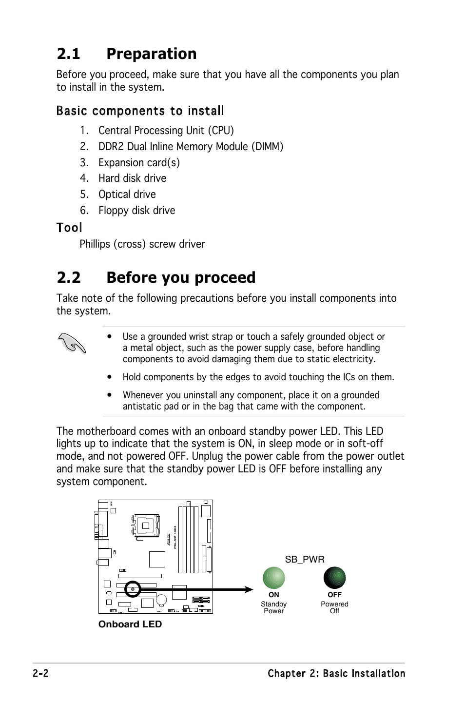 1 preparation, 2 before you proceed, Basic components to install | Tool | Asus V3-P5945G User Manual | Page 20 / 103