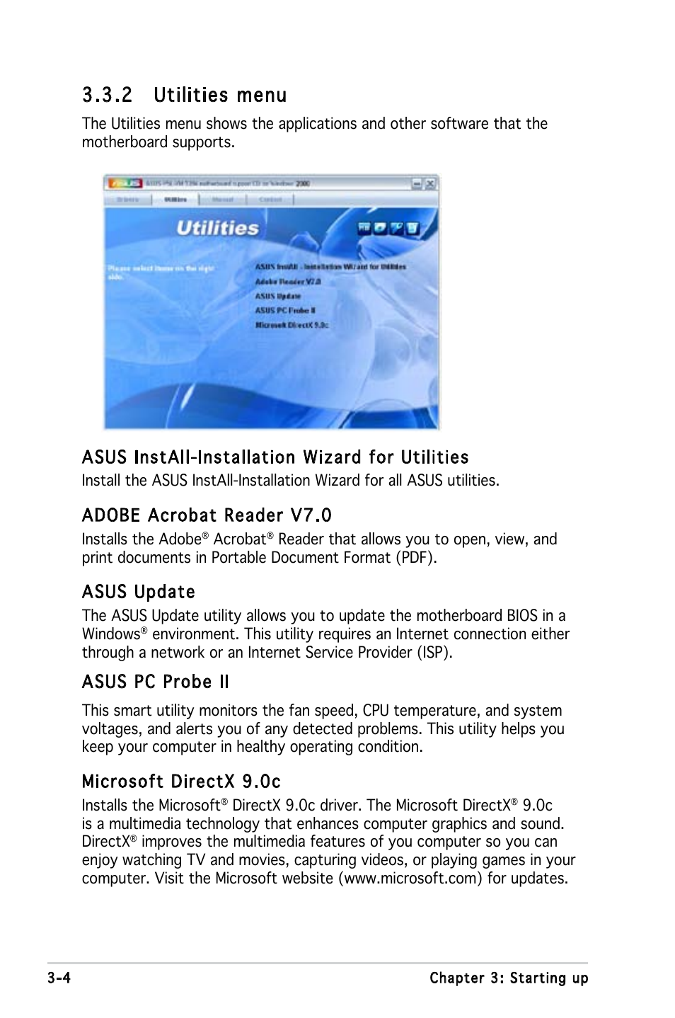 2 utilities menu, Asus install-installation wizard for utilities, Adobe acrobat reader v7.0 | Asus update, Asus pc probe ii, Microsoft directx 9.0c | Asus V3-P5945G User Manual | Page 43 / 103