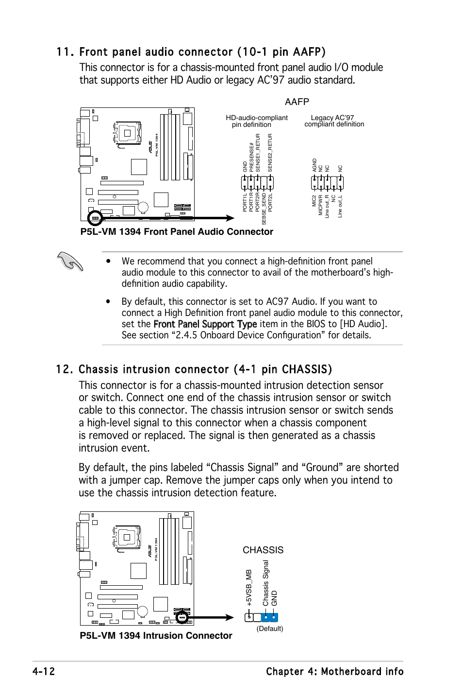 12 chapter 4: motherboard info, Aafp | Asus V3-P5945G User Manual | Page 62 / 103