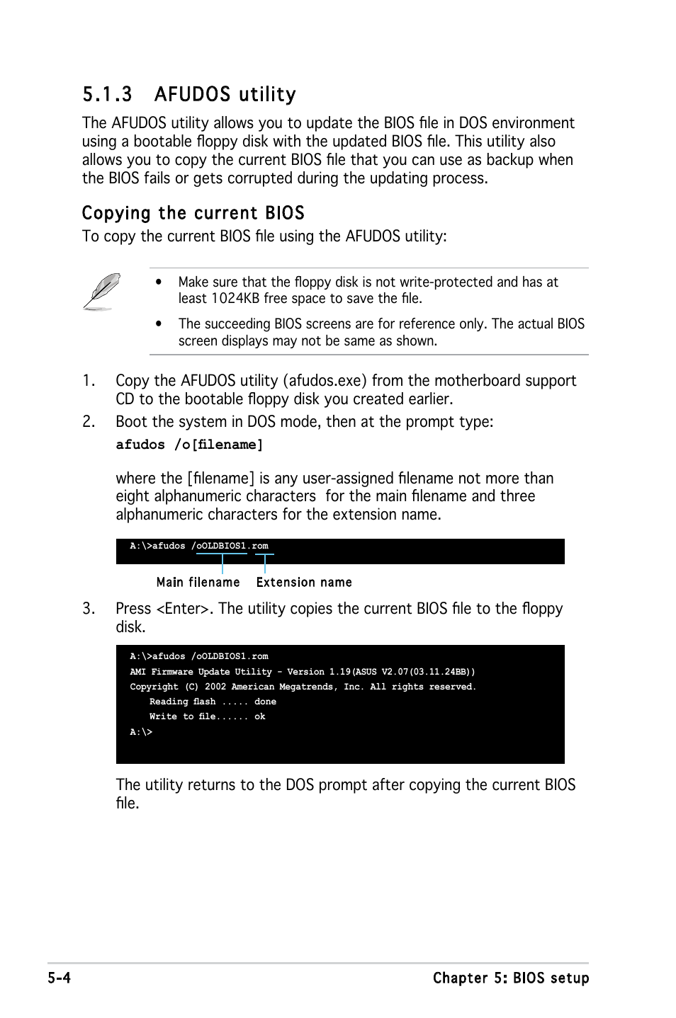 3 afudos utility, Copying the current bios | Asus V3-P5945G User Manual | Page 67 / 103