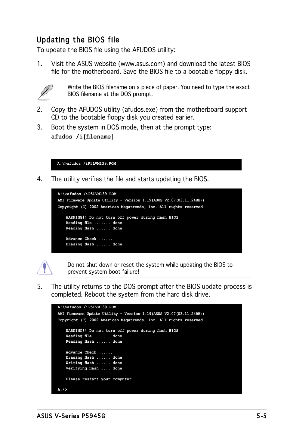 Updating the bios file | Asus V3-P5945G User Manual | Page 68 / 103