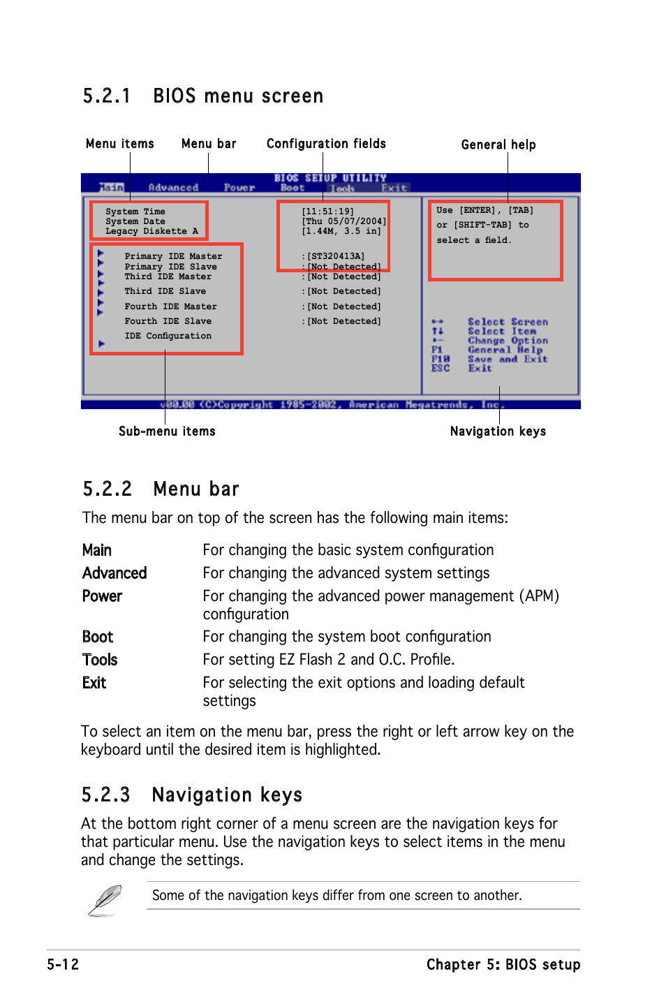 2 menu bar, 1 bios menu screen, 3 navigation keys | Asus V3-P5945G User Manual | Page 75 / 103