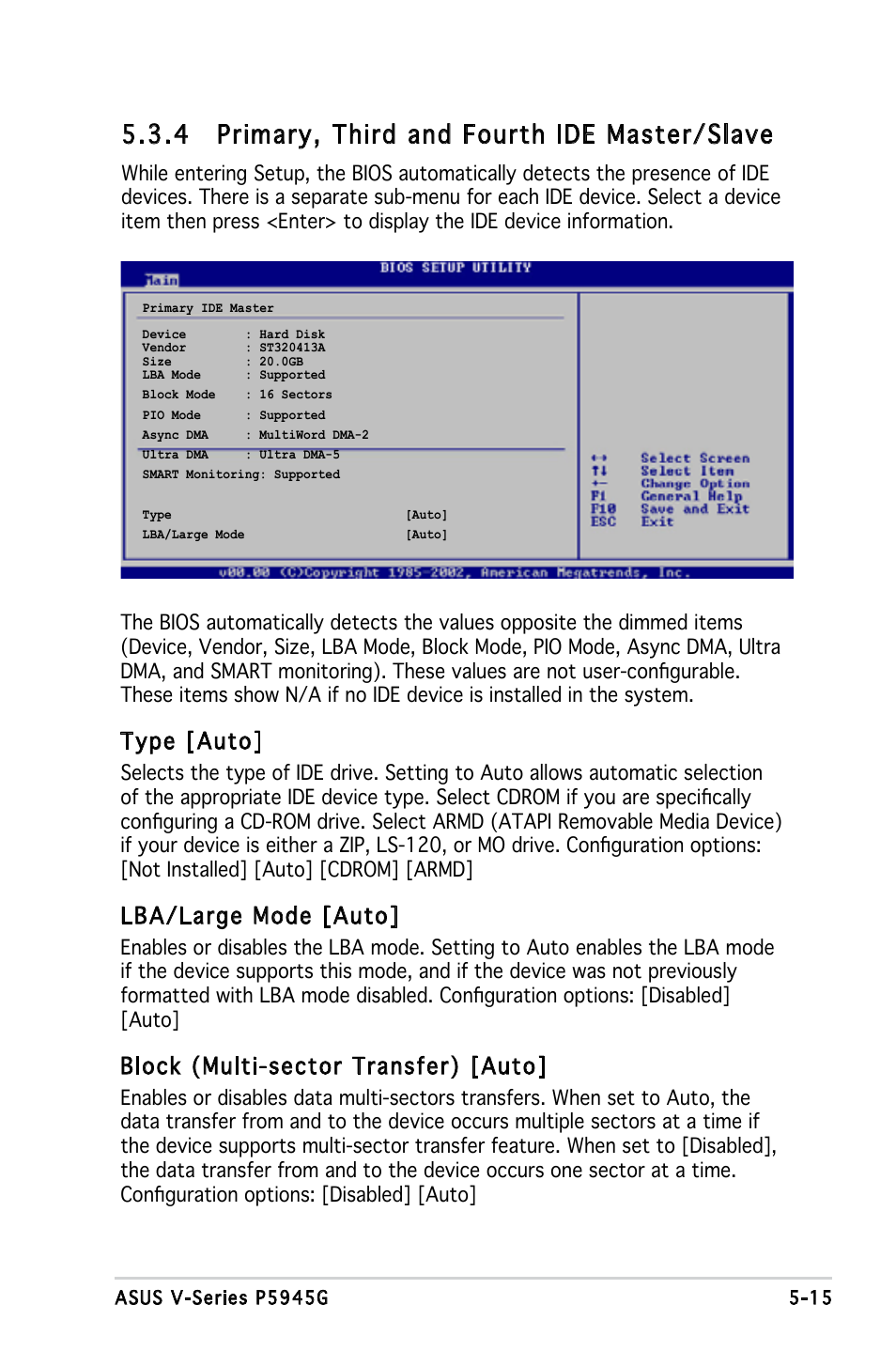 4 primary, third and fourth ide master/slave, Type [auto, Lba/large mode [auto | Block (multi-sector transfer) [auto | Asus V3-P5945G User Manual | Page 78 / 103