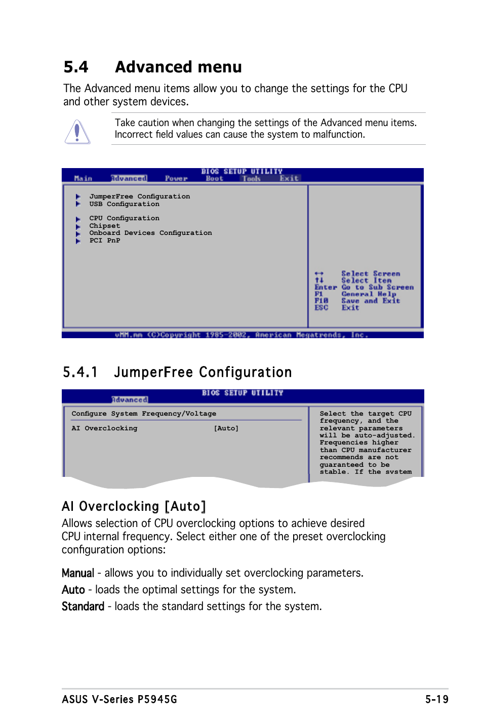 4 advanced menu, 1 jumperfree configuration, Ai overclocking [auto | Asus V3-P5945G User Manual | Page 82 / 103