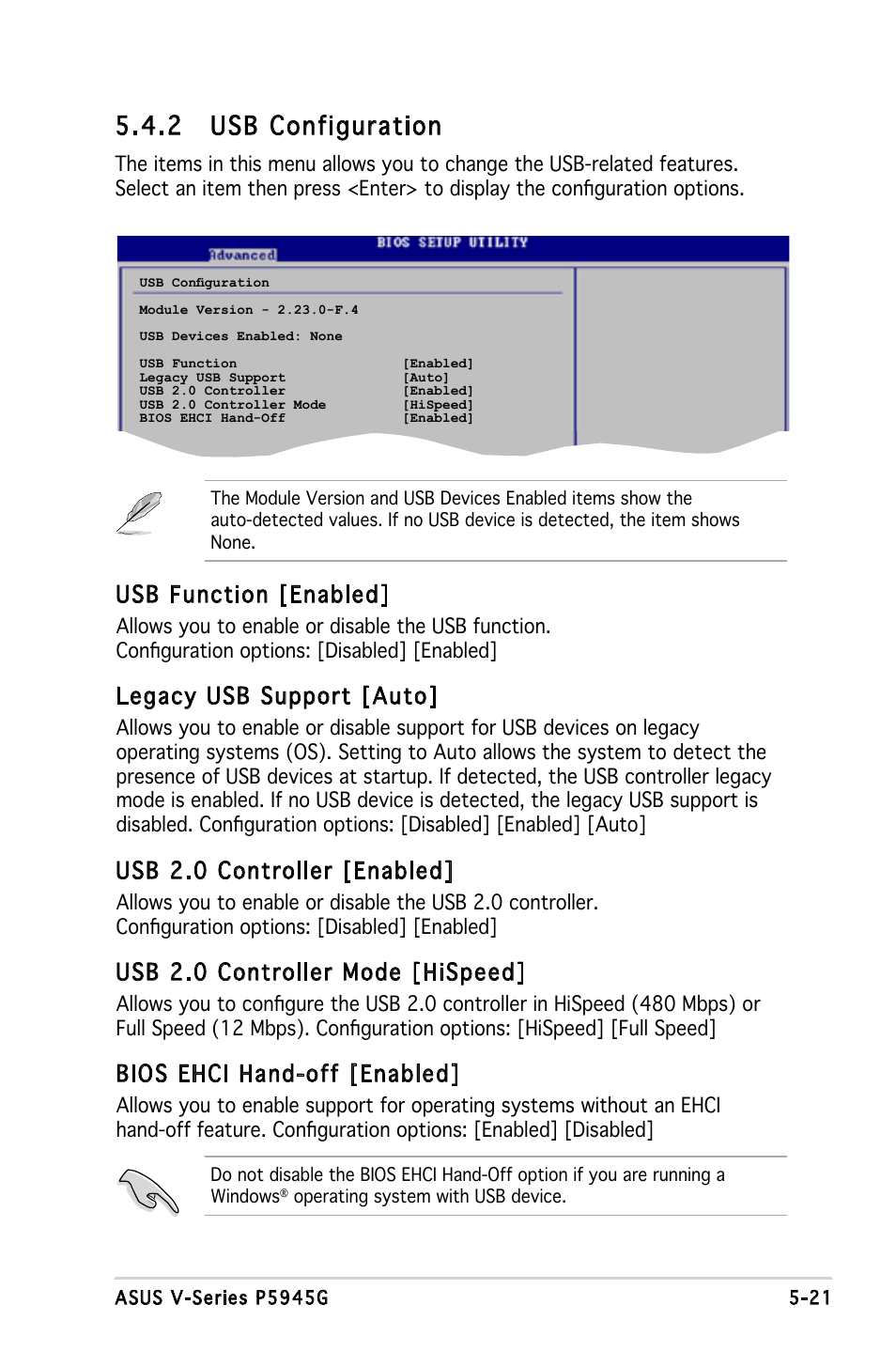 2 usb configuration, Usb function [enabled, Legacy usb support [auto | Usb 2.0 controller [enabled, Usb 2.0 controller mode [hispeed, Bios ehci hand-off [enabled | Asus V3-P5945G User Manual | Page 84 / 103