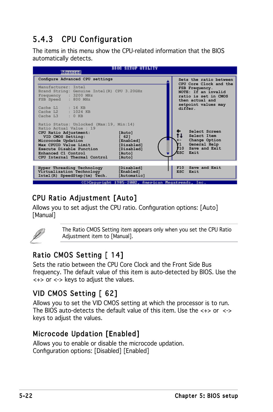 3 cpu configuration, Cpu ratio adjustment [auto, Ratio cmos setting [ 14 | Vid cmos setting [ 62, Microcode updation [enabled | Asus V3-P5945G User Manual | Page 85 / 103