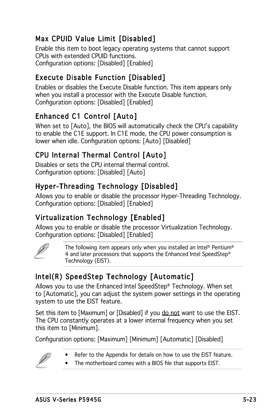 Max cpuid value limit [disabled, Execute disable function [disabled, Enhanced c1 control [auto | Cpu internal thermal control [auto, Hyper-threading technology [disabled, Virtualization technology [enabled, Intel(r) speedstep technology [automatic | Asus V3-P5945G User Manual | Page 86 / 103