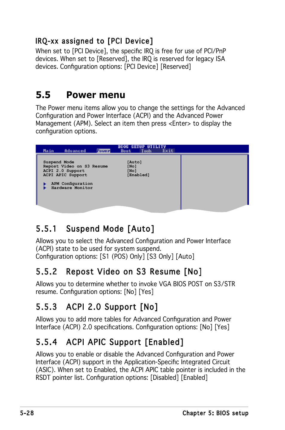 5 power menu, 1 suspend mode [auto, 2 repost video on s3 resume [no | 3 acpi 2.0 support [no, 4 acpi apic support [enabled, Irq-xx assigned to [pci device | Asus V3-P5945G User Manual | Page 91 / 103