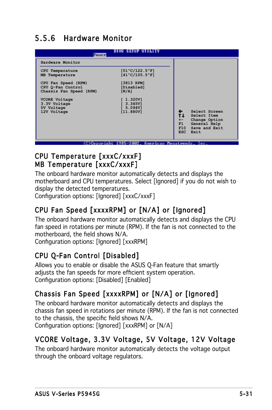 6 hardware monitor, Cpu q-fan control [disabled | Asus V3-P5945G User Manual | Page 94 / 103