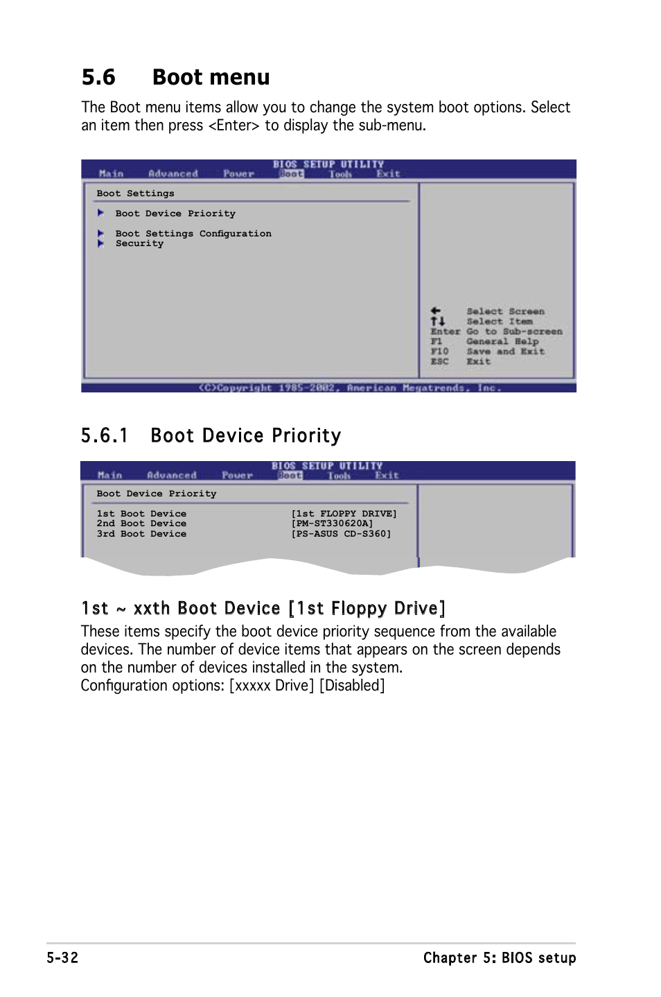 6 boot menu, 1 boot device priority, 1st ~ xxth boot device [1st floppy drive | Asus V3-P5945G User Manual | Page 95 / 103