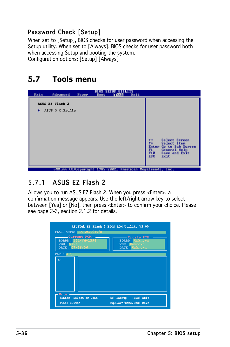 7 tools menu, 1 asus ez flash 2, Password check [setup | Asus V3-P5945G User Manual | Page 99 / 103