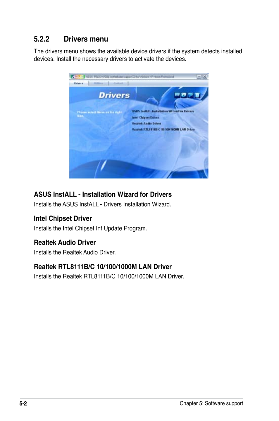 2 drivers menu | Asus P5LD2-X/GBL User Manual | Page 102 / 112