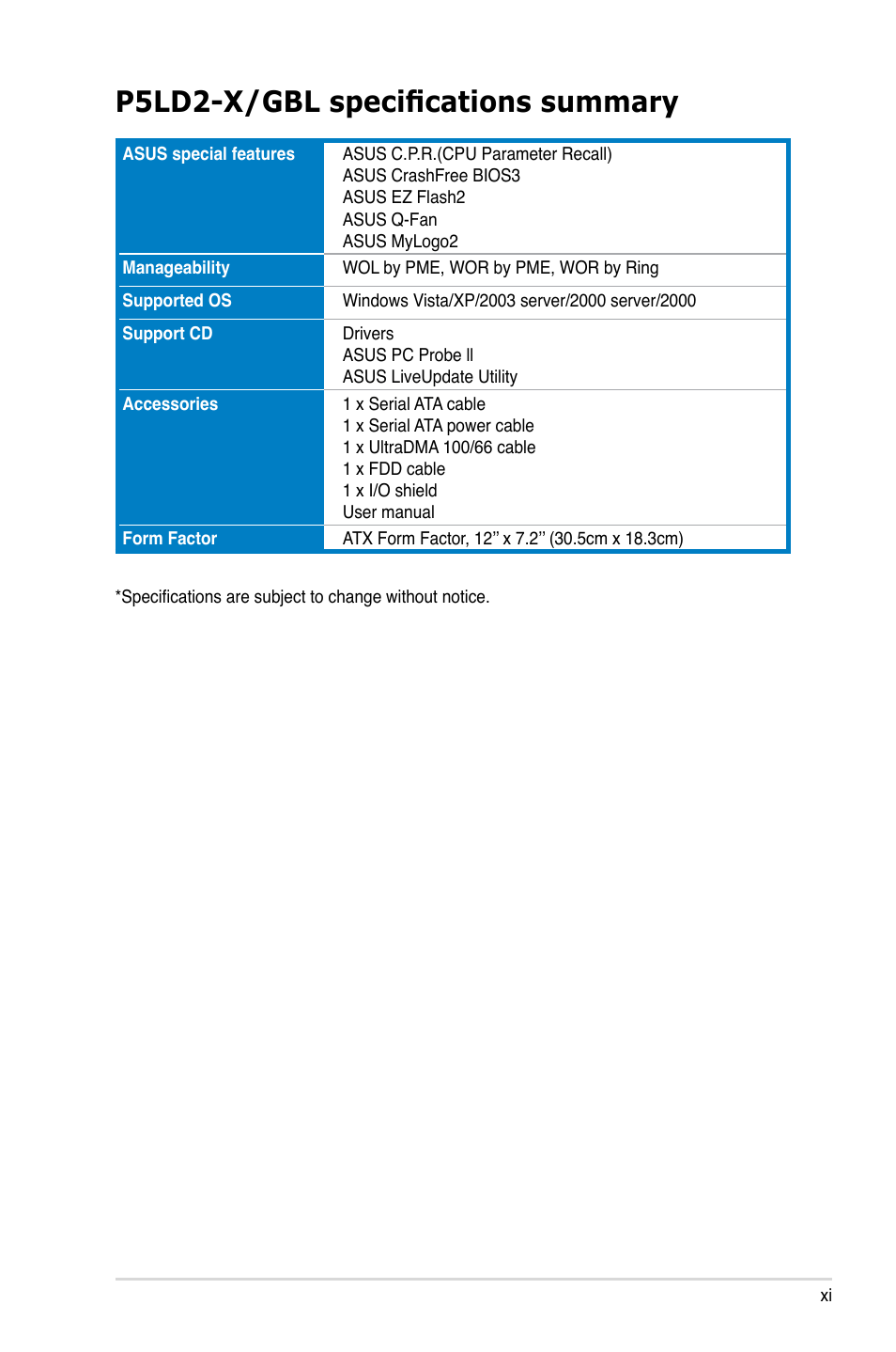 P5ld2-x/gbl specifications summary | Asus P5LD2-X/GBL User Manual | Page 11 / 112