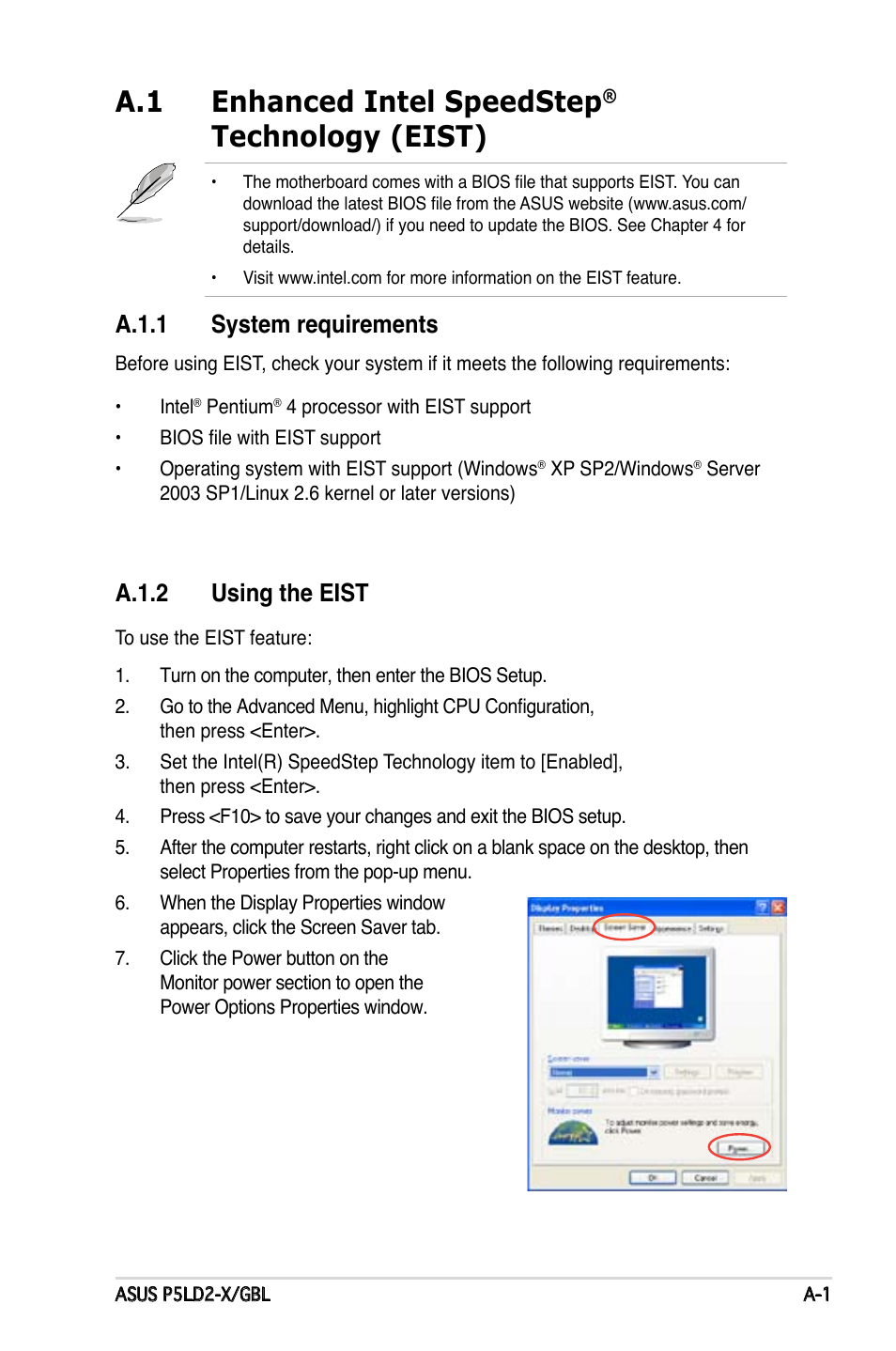 A.1 enhanced intel speedstep, Technology (eist), A.1.1 system requirements | A.1.2 using the eist | Asus P5LD2-X/GBL User Manual | Page 111 / 112