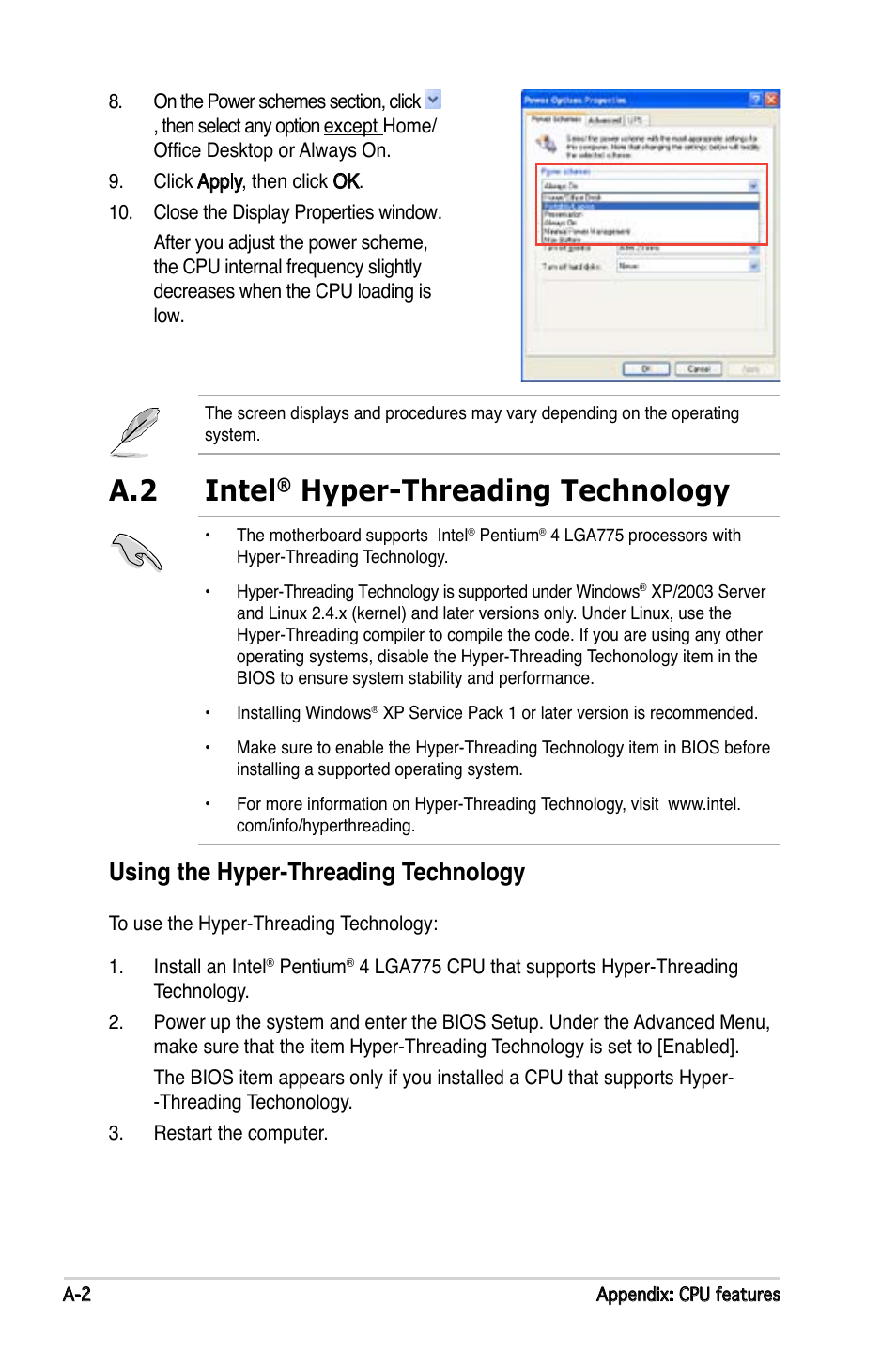 A.2 intel, Hyper-threading technology, Using the hyper-threading technology | Asus P5LD2-X/GBL User Manual | Page 112 / 112