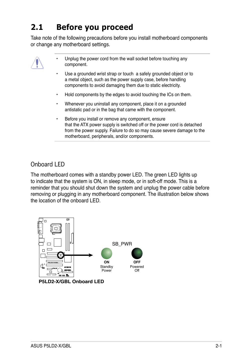 1 before you proceed, Onboard led | Asus P5LD2-X/GBL User Manual | Page 23 / 112